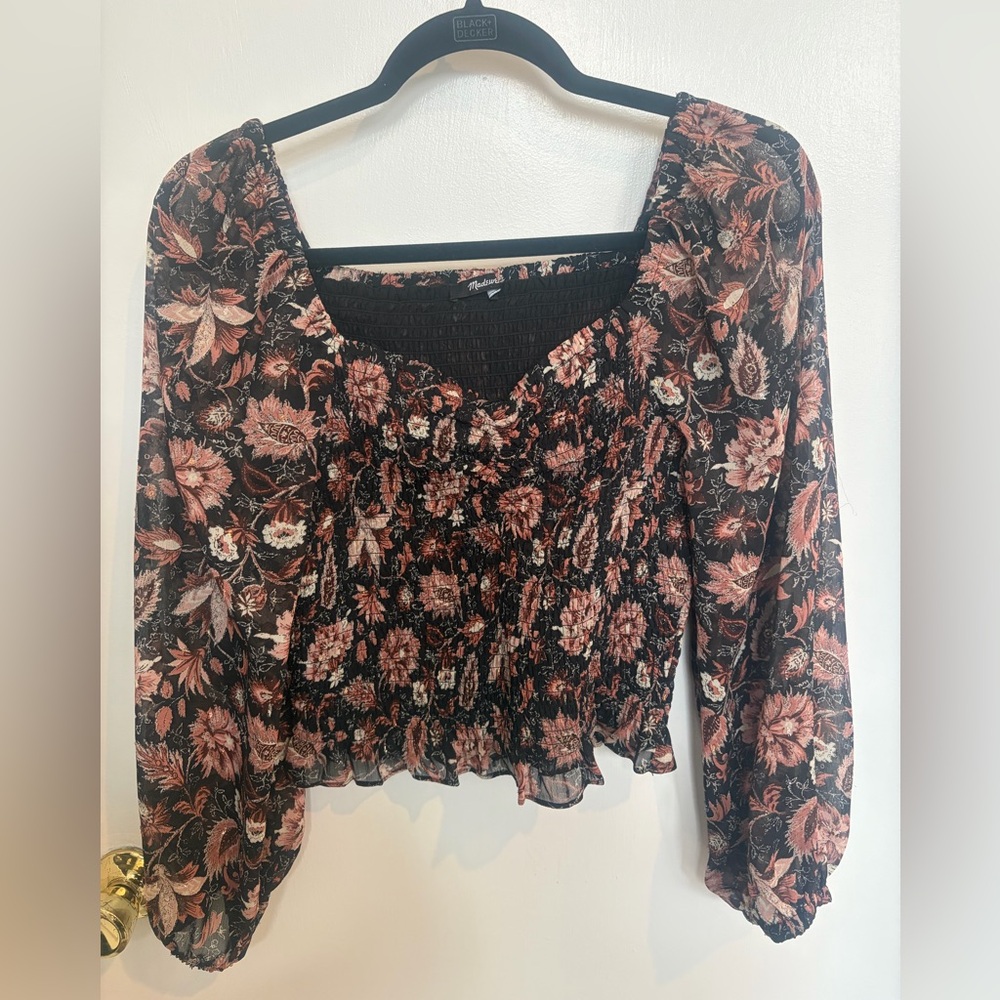 Madewell Black and Pink Floral Blouse